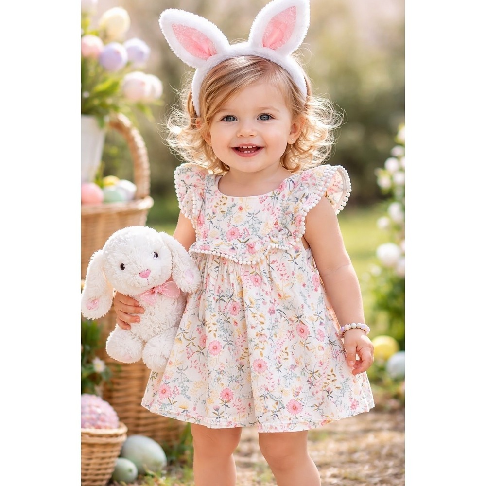 Tommy‎ Bahama Toddler Floral Dress Pom Pom Trim Cotton Size 2T